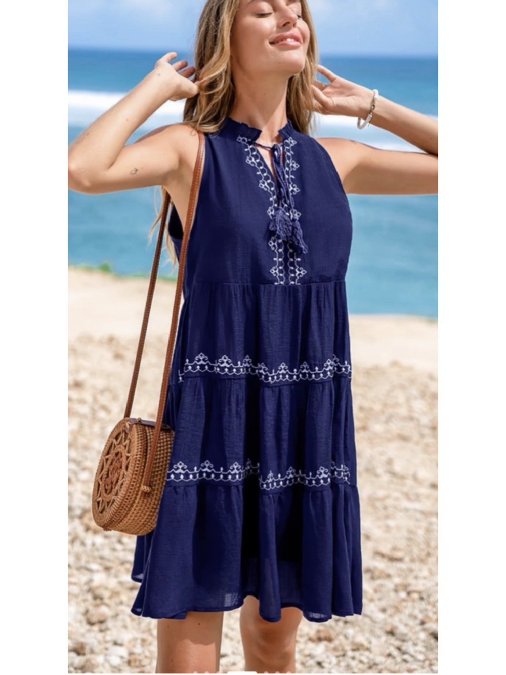 CUPSHE Navy Blue Embroidered Tiered Sleeveless Boho Beach Dress Women’s sZ S